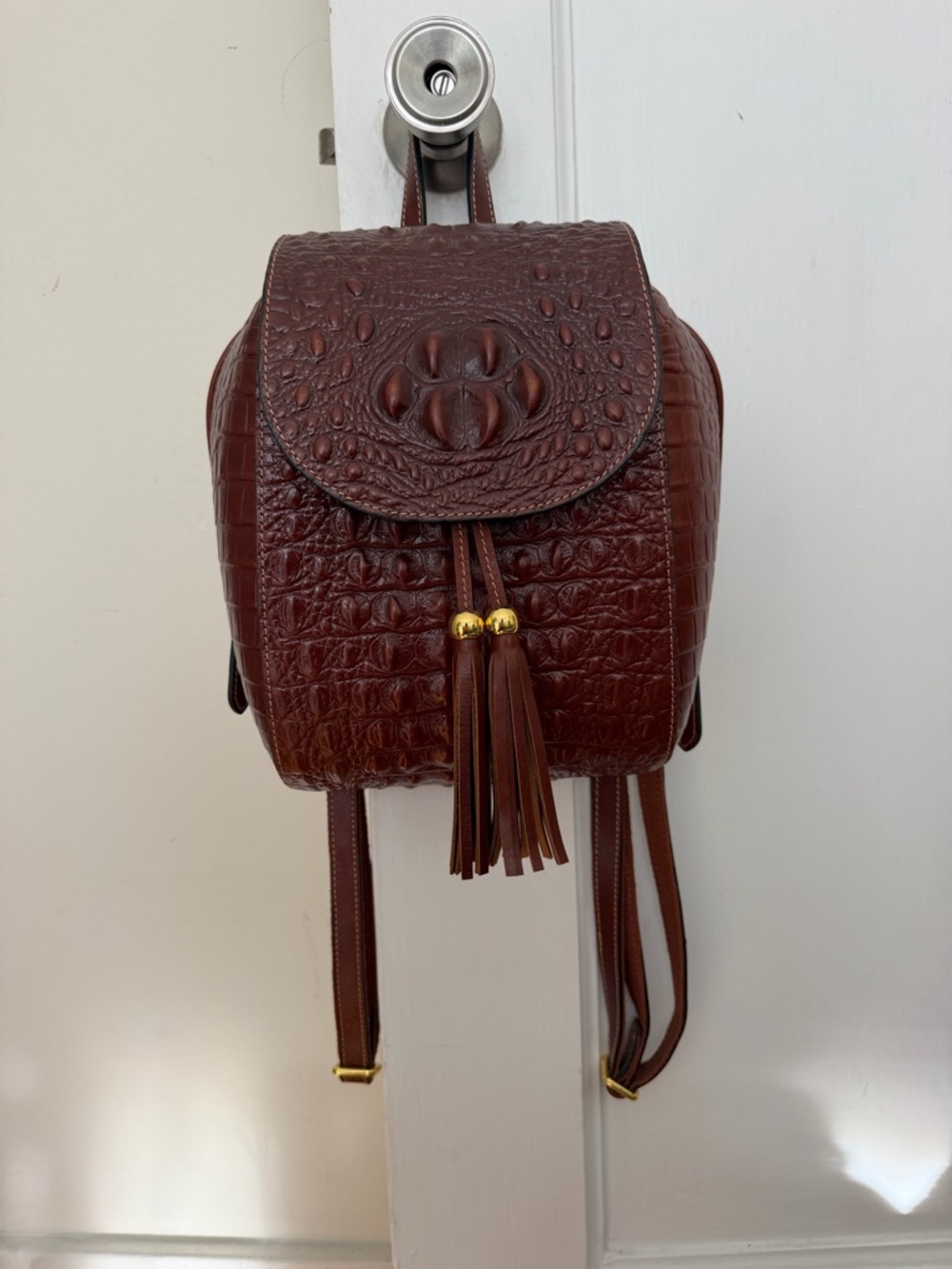 Croc Embossed Leather Mini Backpack – Brown Vintage Style w/ Tassels